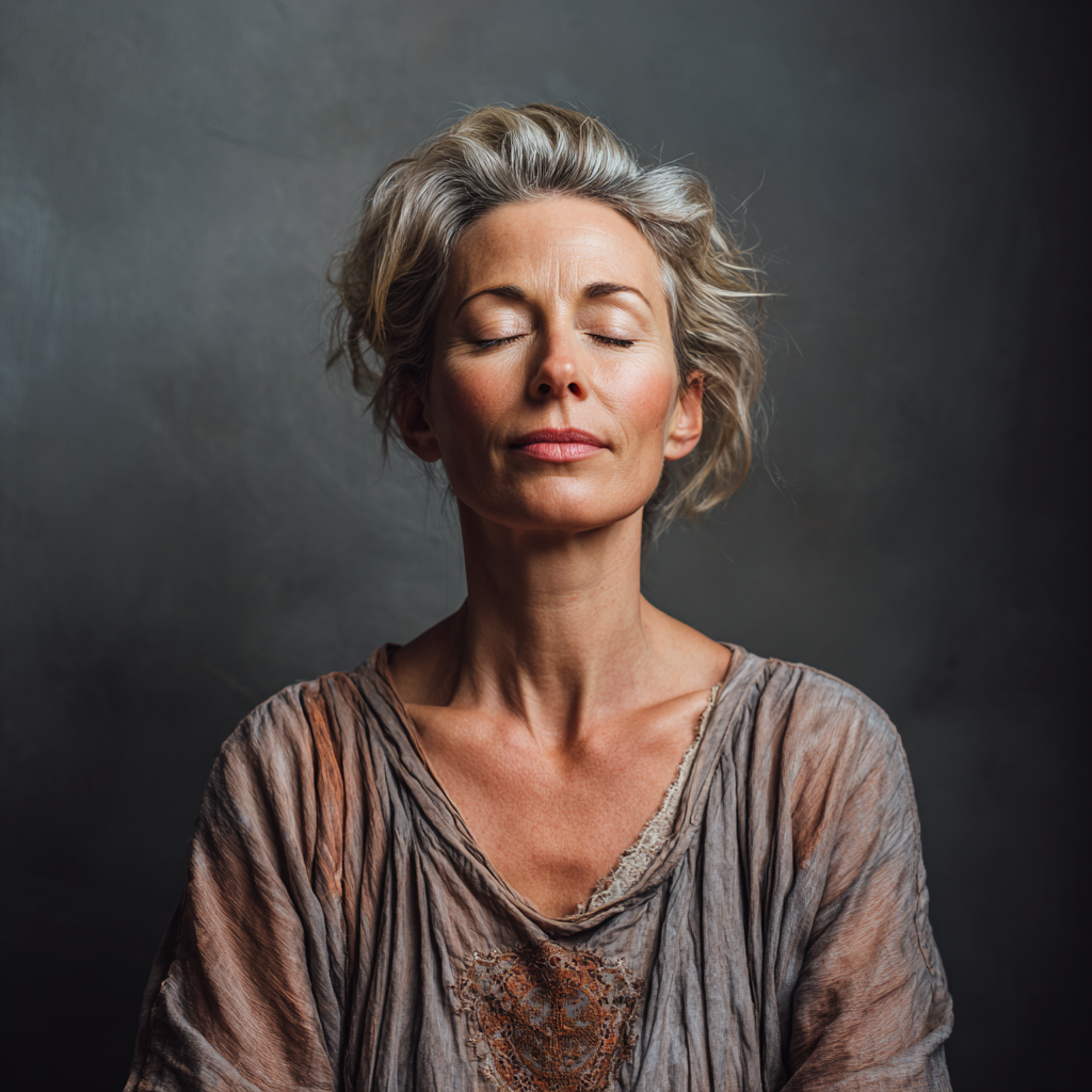 Wise yoga instructor in her 50s with kind eyes and gentle smile, European appearance, sitting in meditation pose in a peaceful studio setting